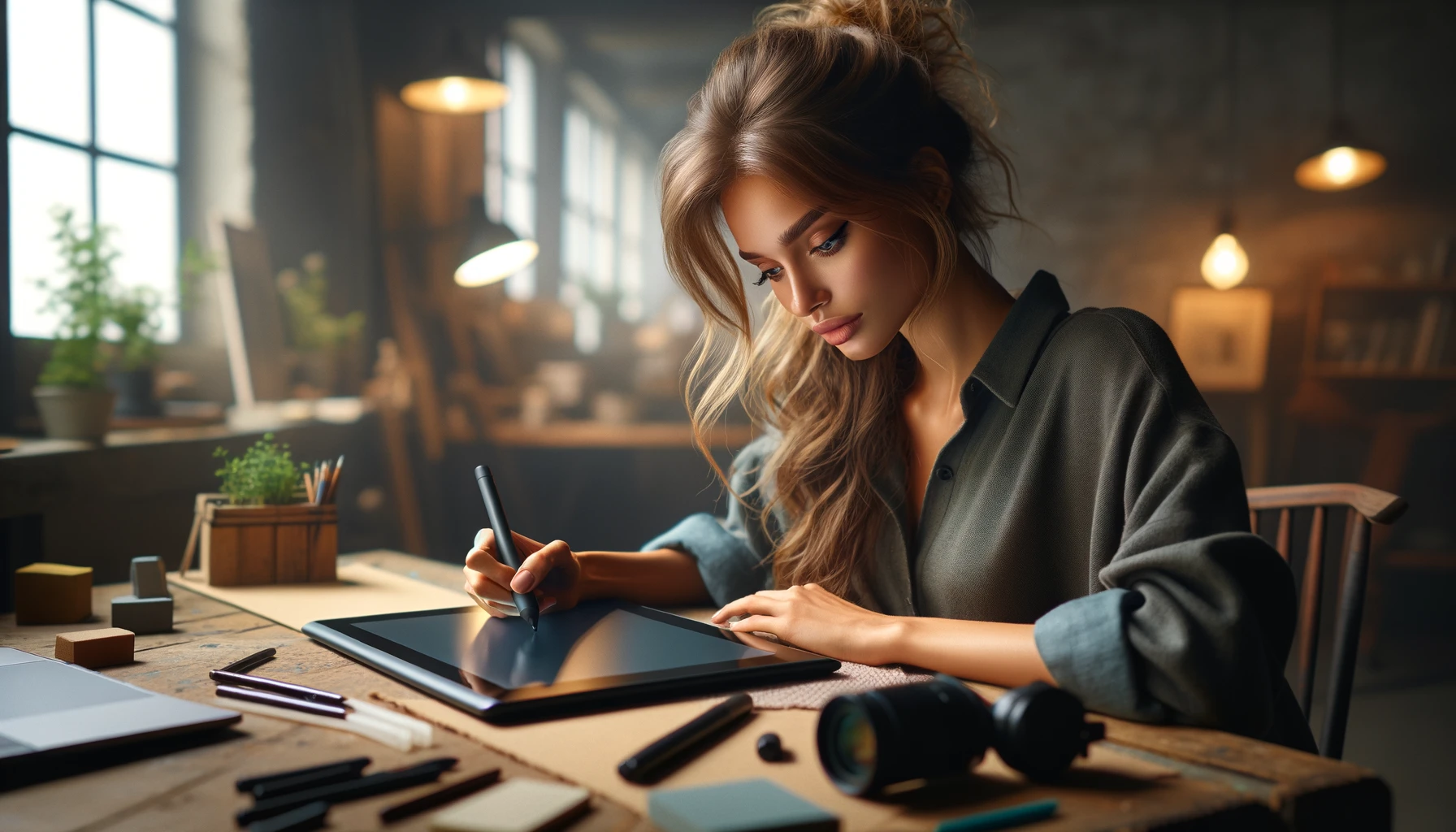 A beautiful designer girl is sitting at a table and drawing