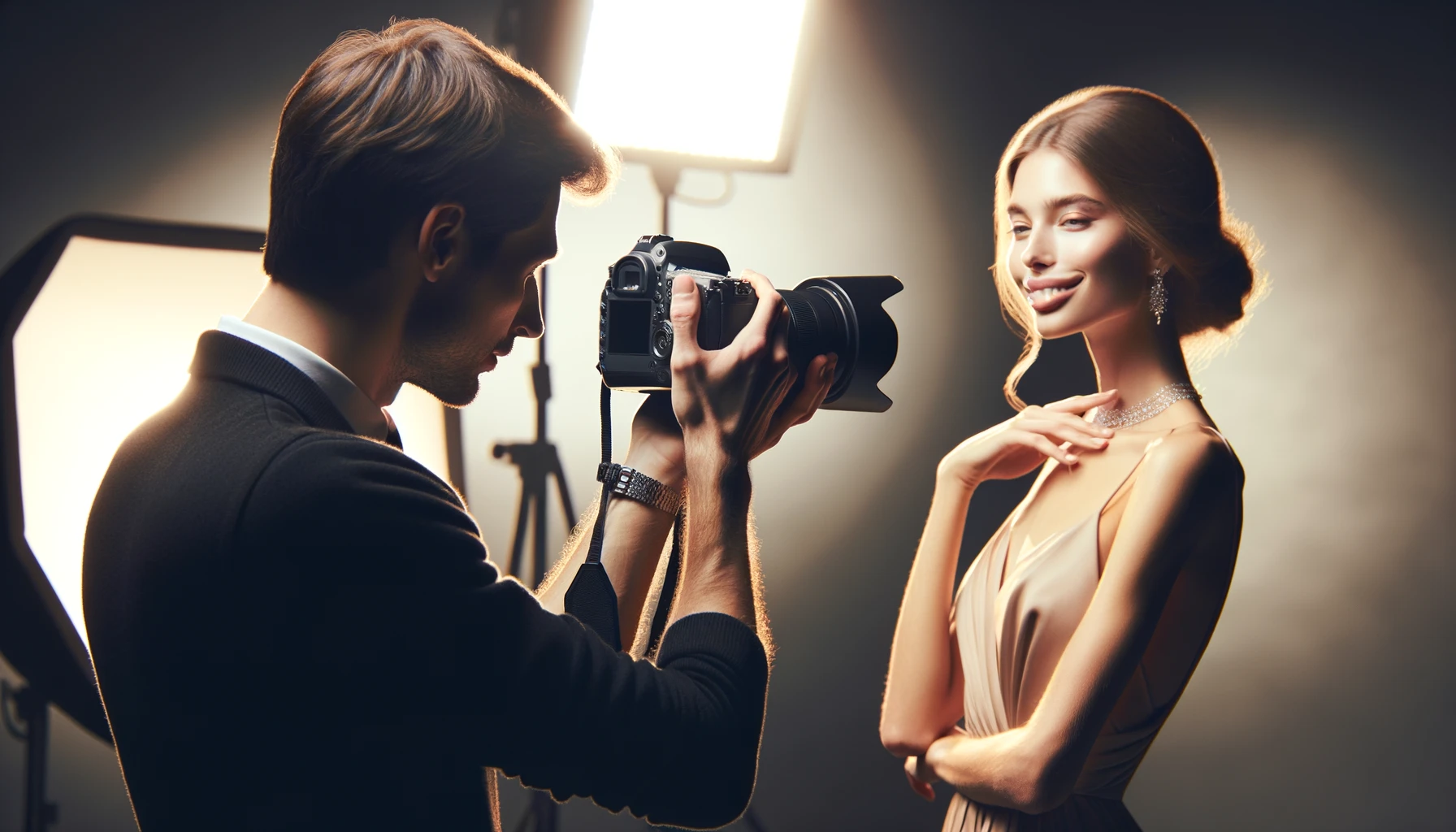 A professional photographer photographs a beautiful model