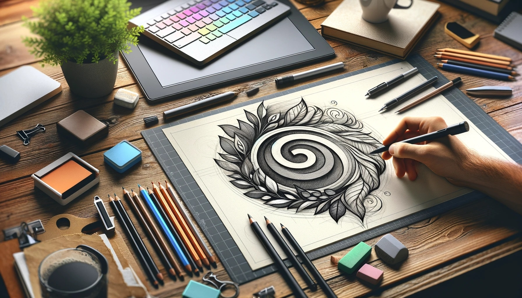 graphic design workspace featuring the process of sketching a logo