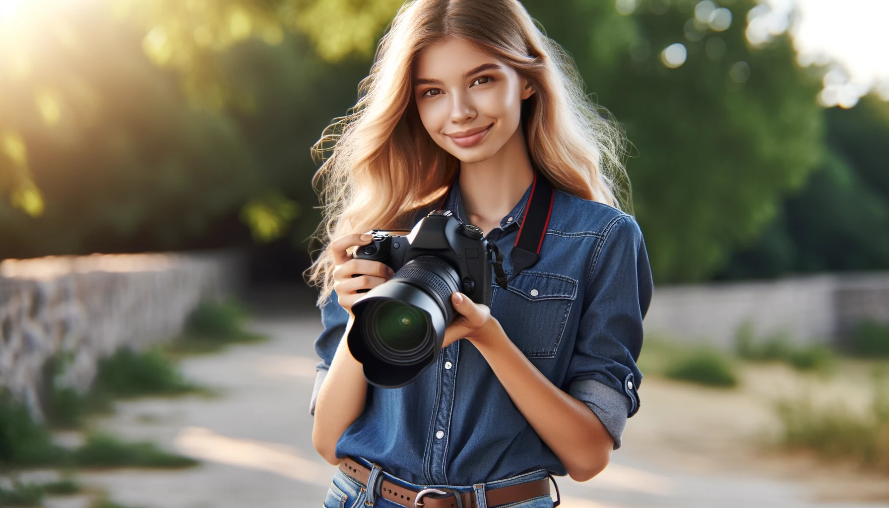 a beautiful female photographer taking pictures with a DSLR camera