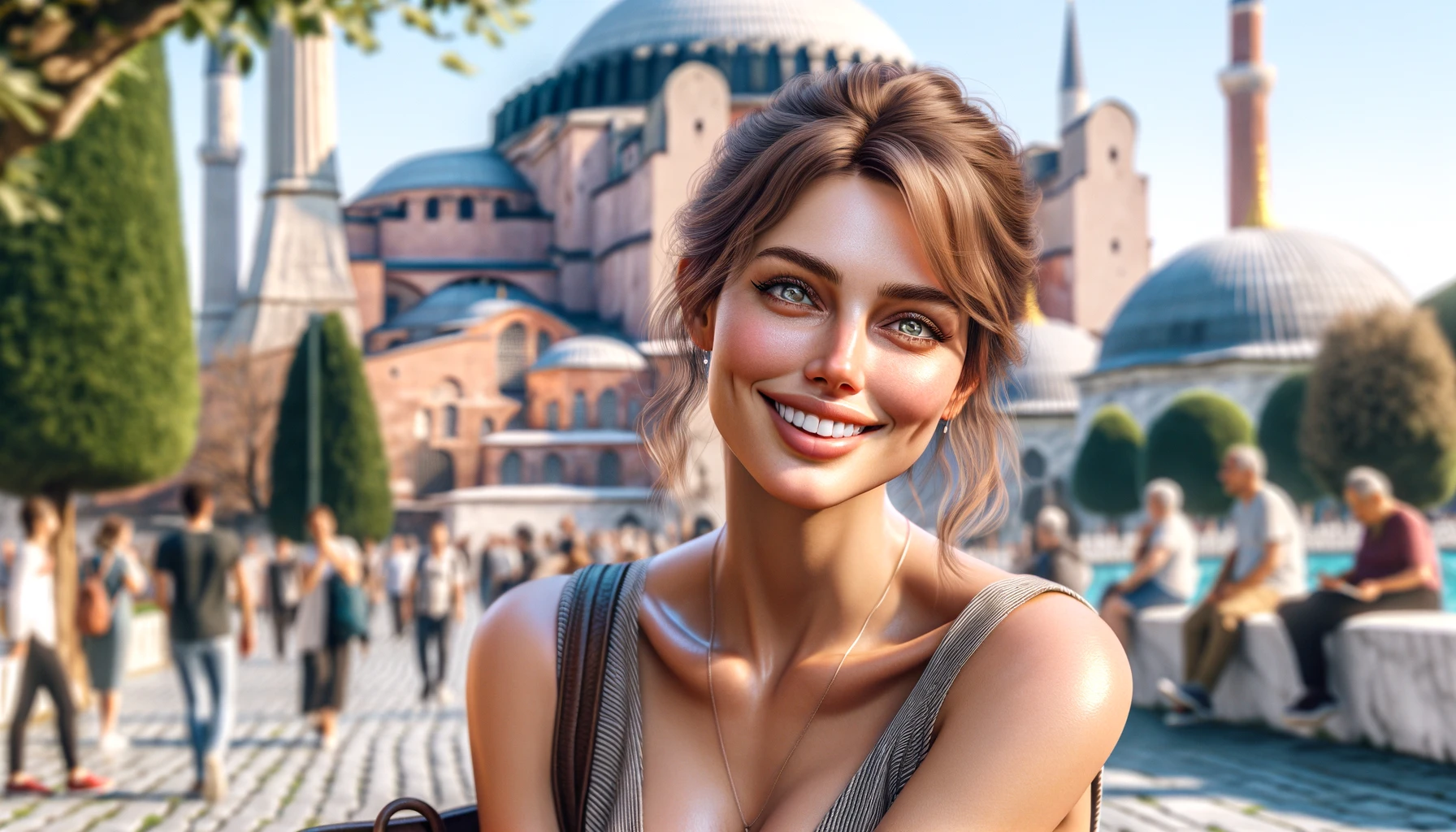 a smiling woman enjoying her time in Turkey. The woman is in her mid-30s, with light brown hair styled in a casual updo, wearing stylish summer attire. She is standing in front of the iconic Hagia Sophia in Istanbul.