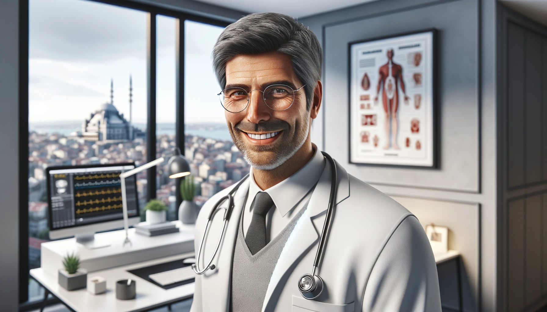 a smiling Turkish doctor in his office, showing a middle-aged man with short grey hair, wearing glasses and a white lab coat.