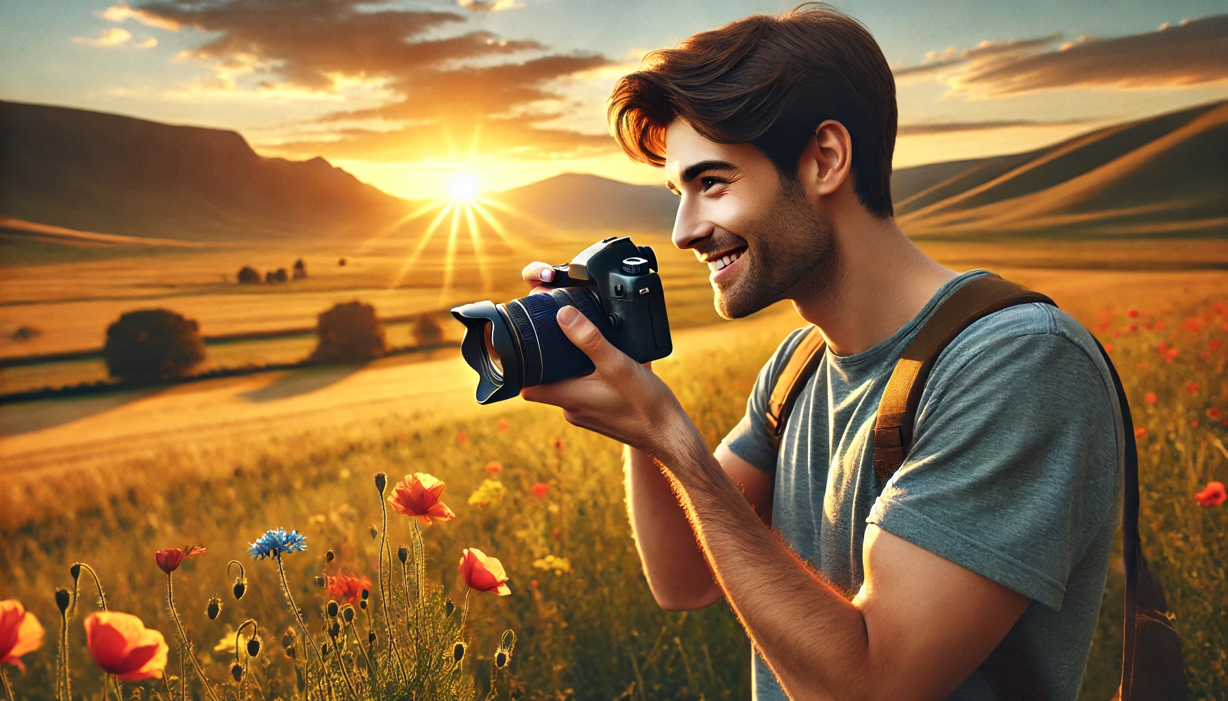A beginner photographer outdoors during golden hour is capturing a stunning landscape with a DSLR camera. The warm sunset, wildflowers, and distant mountains set a beautiful scene.