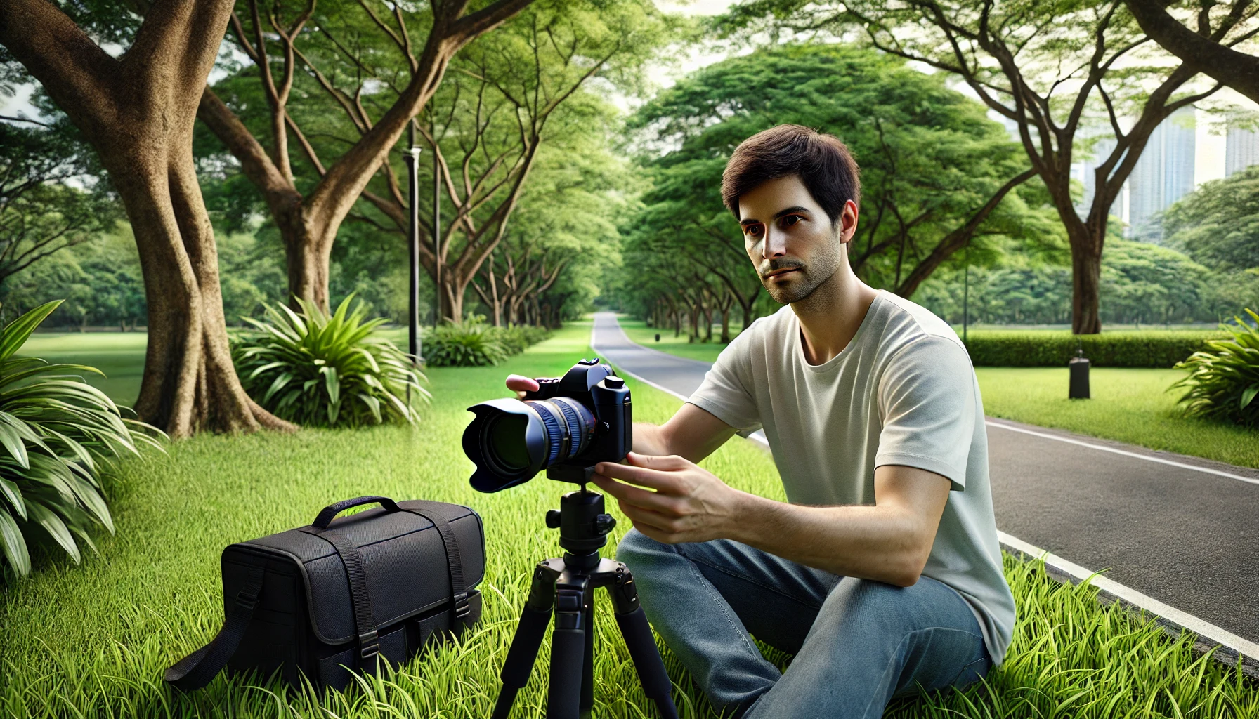 A man is sitting in a park, adjusting a DSLR camera on a tripod in front of him to take a wonderful photo. The park features lush green grass, tall trees, and a pathway in the background.