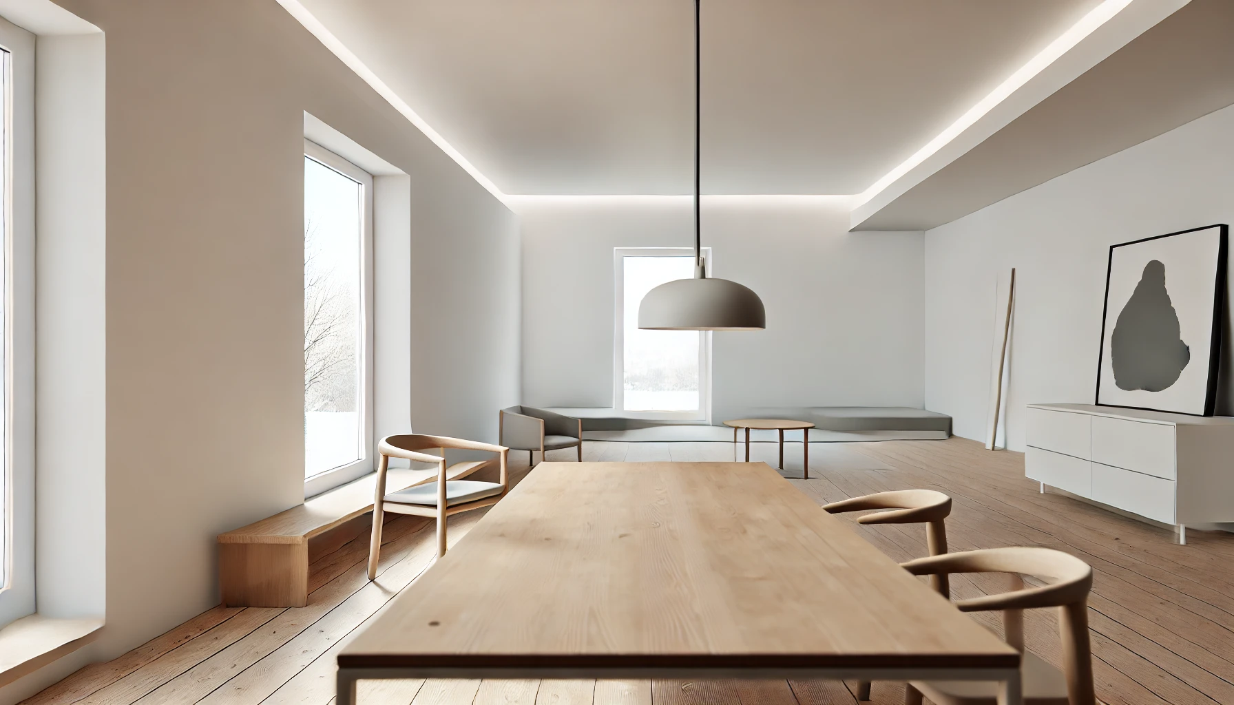 a minimalist interior design, focusing on clean lines, open spaces, and natural materials.