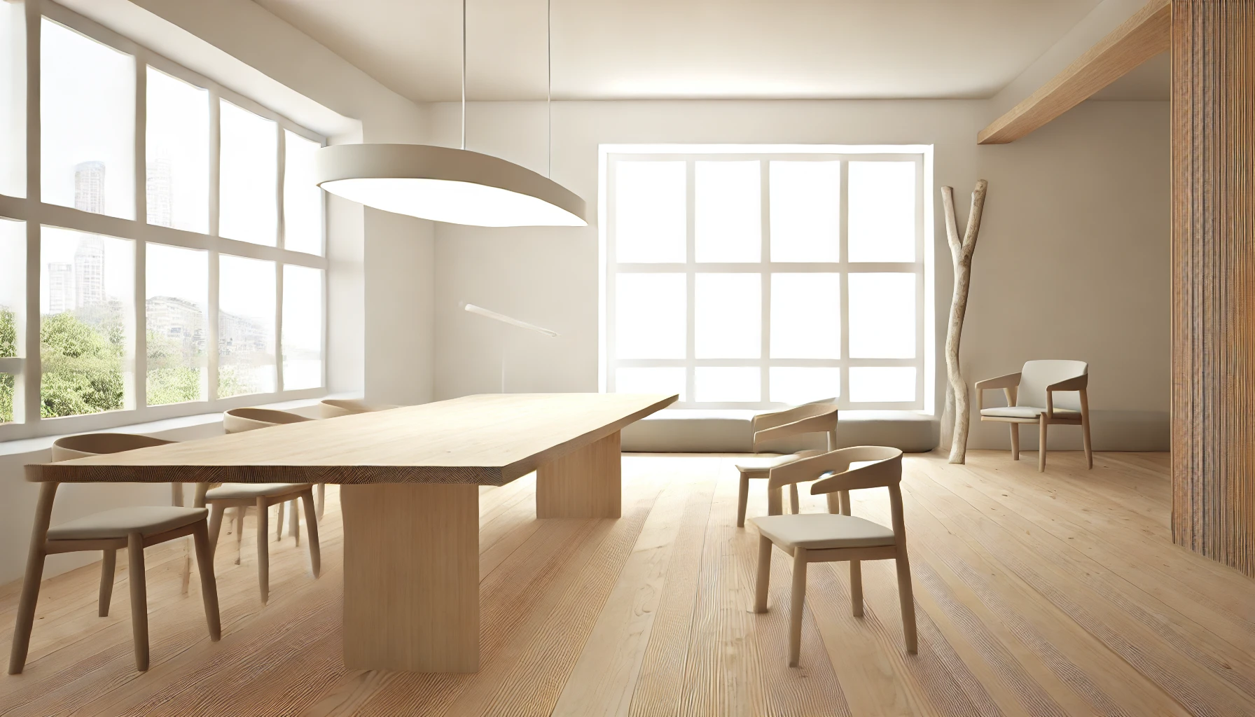a minimalist interior design, focusing on clean lines, open spaces, and natural materials.