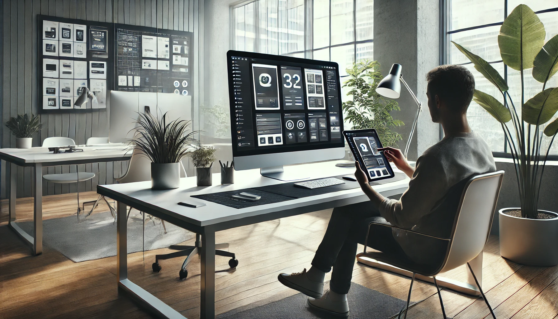 a designer sitting at a sleek, minimalist desk, working on a digital tablet.