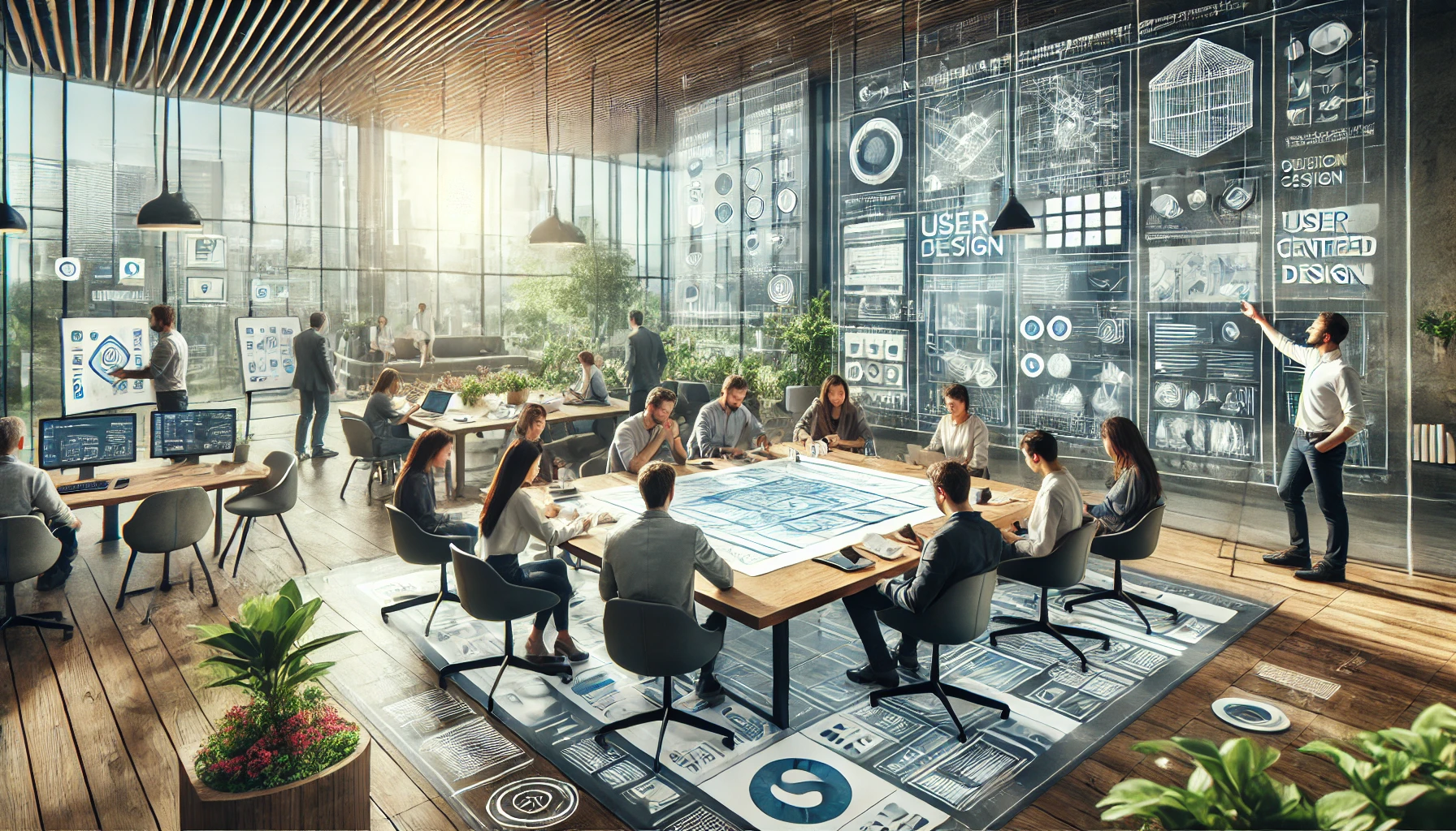 A team of designers and developers is gathered around a large table in a modern office, engaging in a brainstorming session with sketches, wireframes, and digital tools.