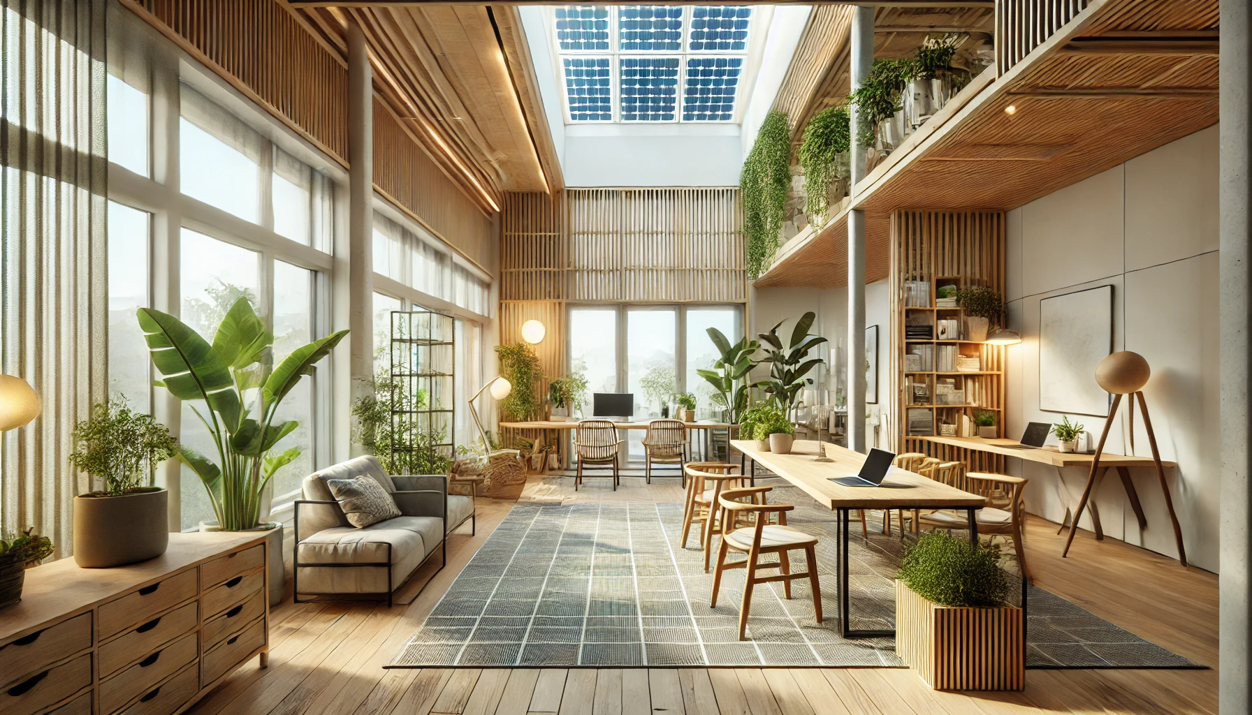 a modern, eco-friendly workspace. The workspace features sustainable materials such as reclaimed wood furniture and bamboo flooring.