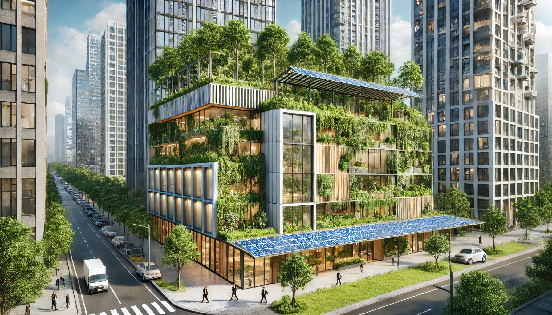 a sustainable urban building design. The building has a green roof covered with plants, providing insulation and promoting biodiversity.