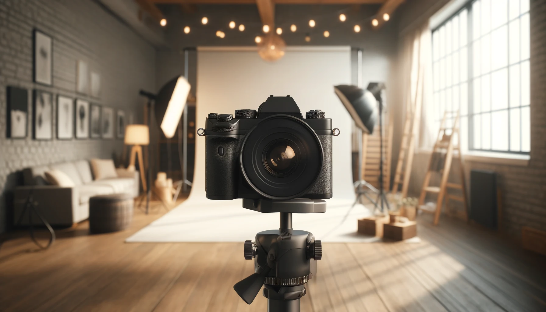 a professional photography studio setup with camera. In the background there are softboxes, reflectors and a backdrop.