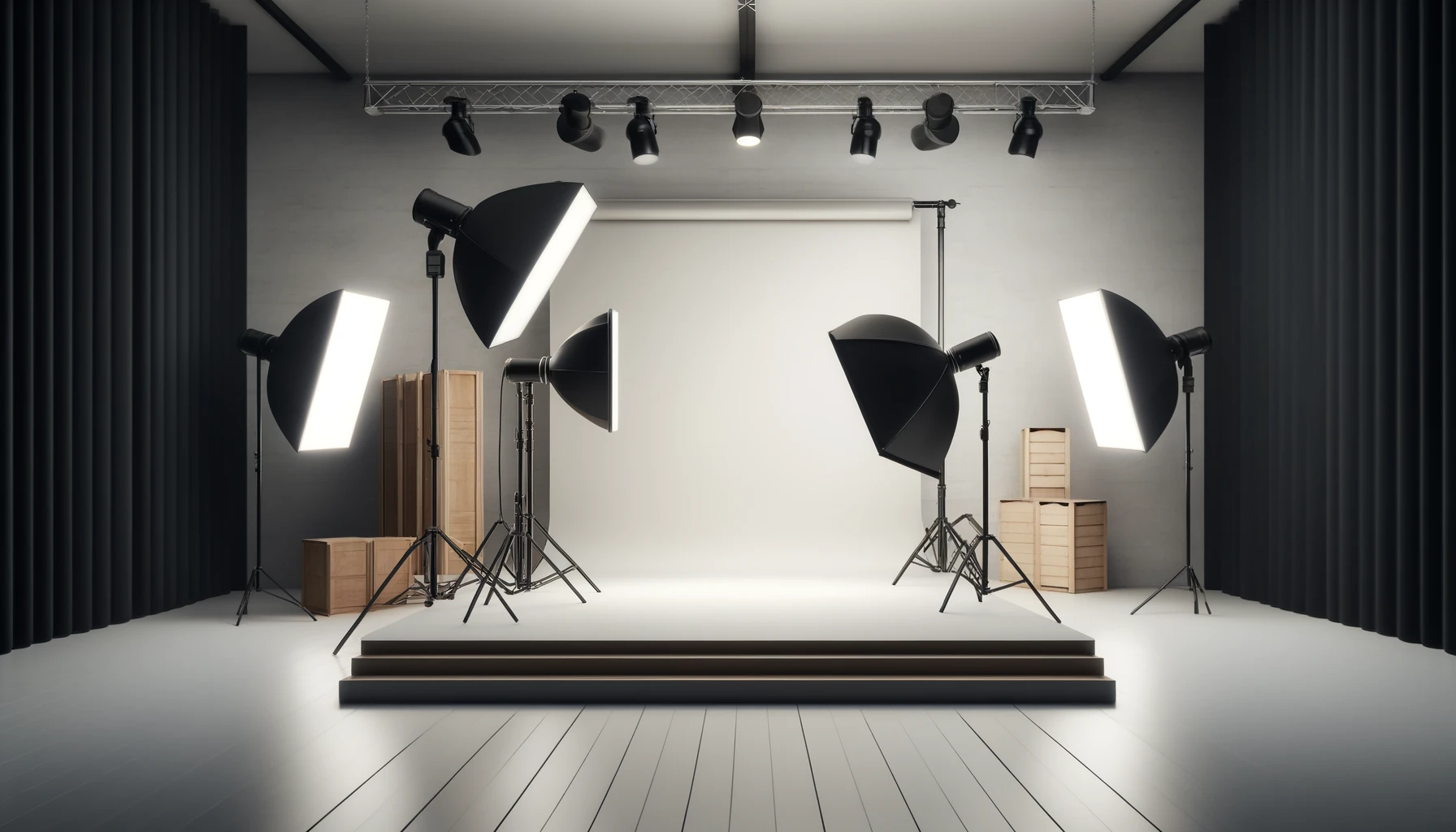 a professional photography studio setup with softboxes, reflectors, and a backdrop.