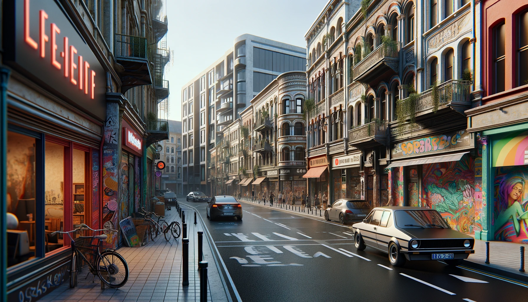 a photo of a bustling street in an urban environment. The street is filled with vibrant storefronts, colorful graffiti, and a variety of architectural styles.