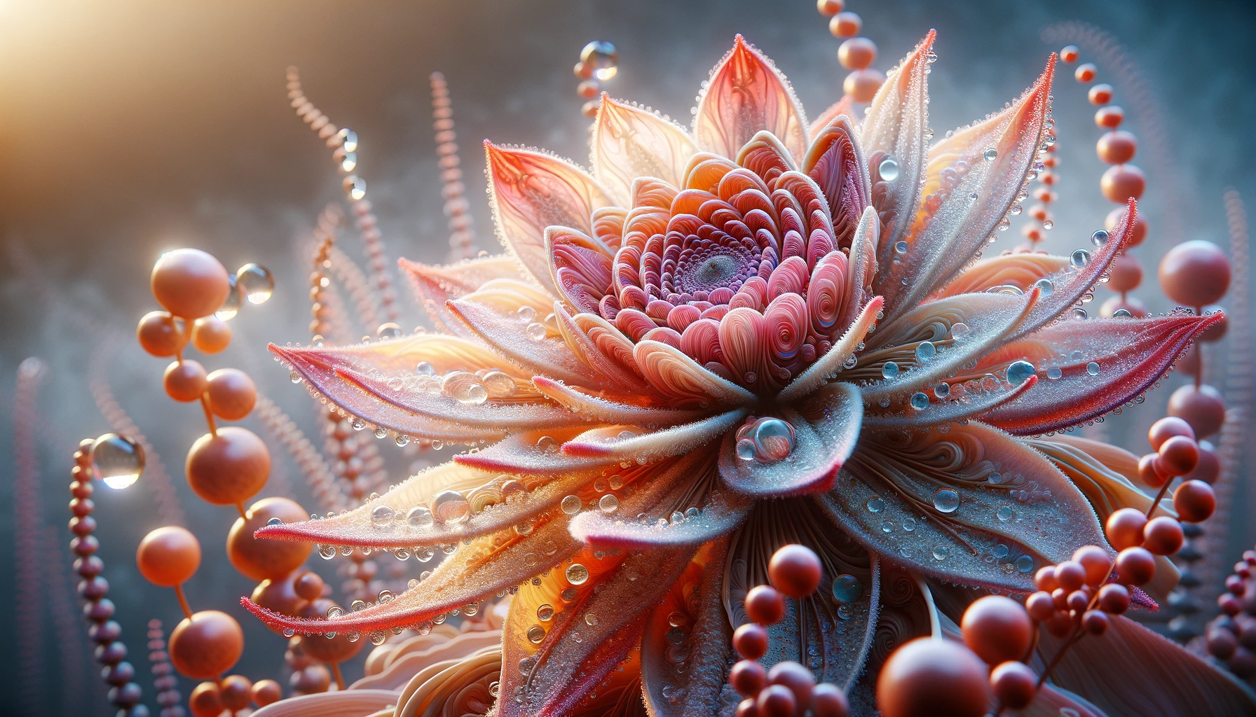 a close-up of a flower with intricate details and vibrant colors. The scene shows the delicate petals, intricate patterns, and tiny water droplets on the surface of the flower.