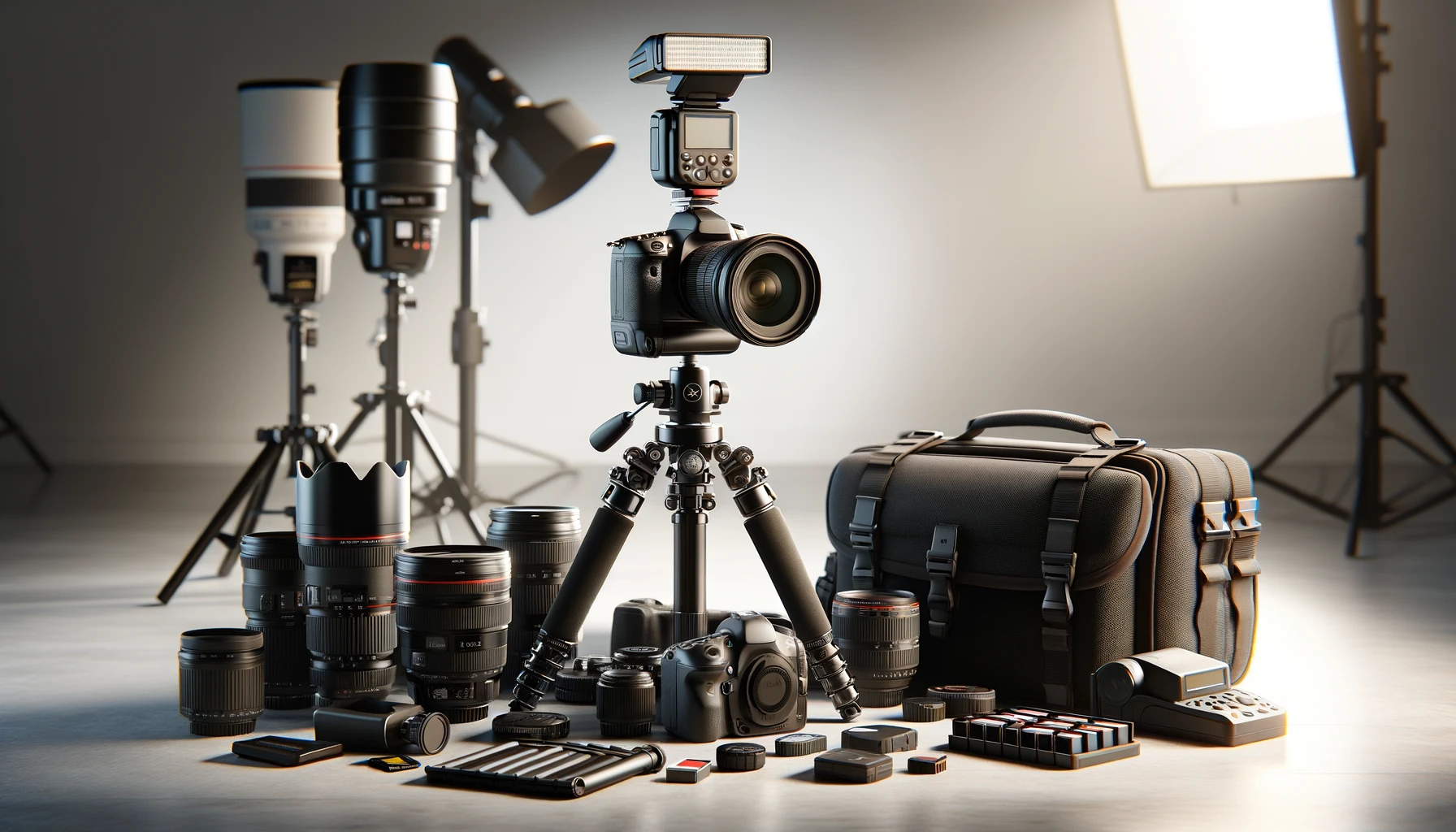 a professional photography setup. The scene includes a DSLR camera on a tripod, with various lenses and accessories such as memory cards, external flash, and a camera bag arranged neatly around it.
