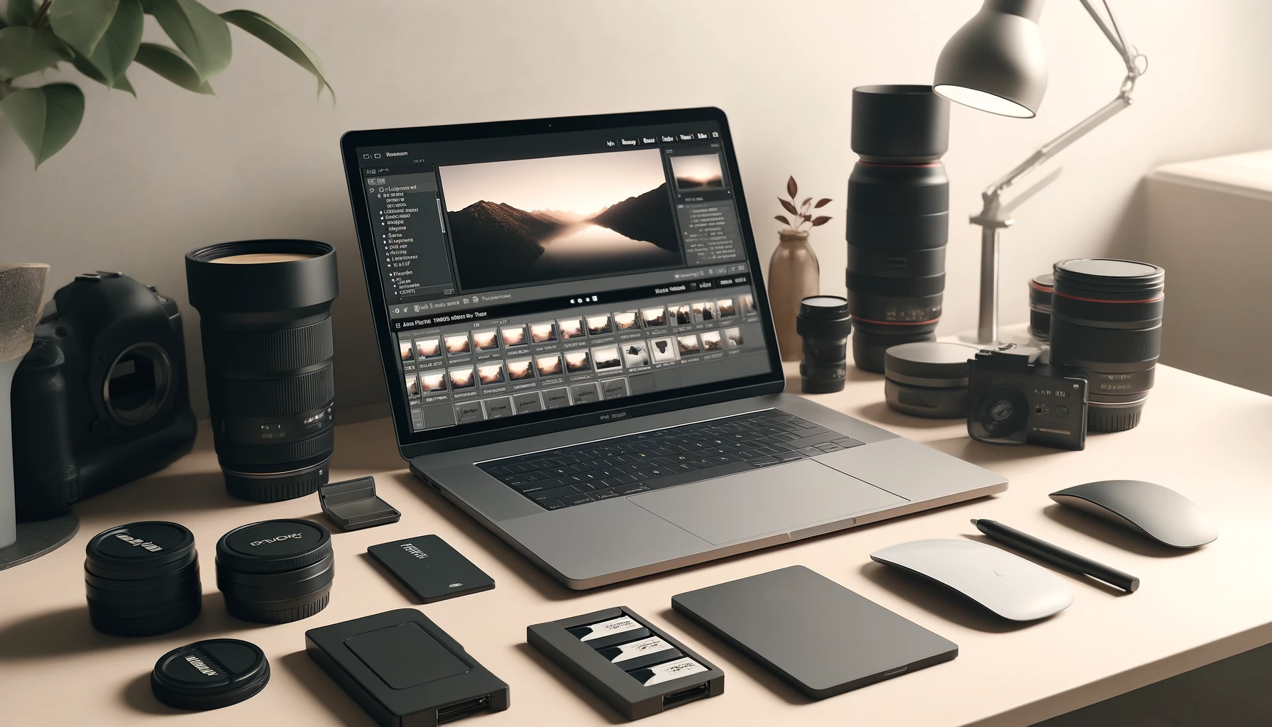 a minimalist photography workspace. The scene includes a laptop open with photo editing software displayed, surrounded by photography accessories like lenses, memory cards, and an external hard drive.