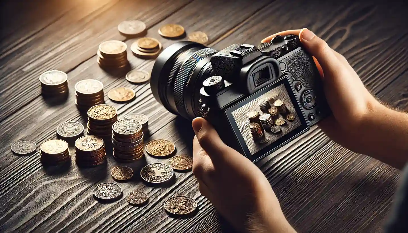 several vintage coins being photographed on a dark wooden surface. A professional camera is partially visible in the frame, focusing on the coins. 