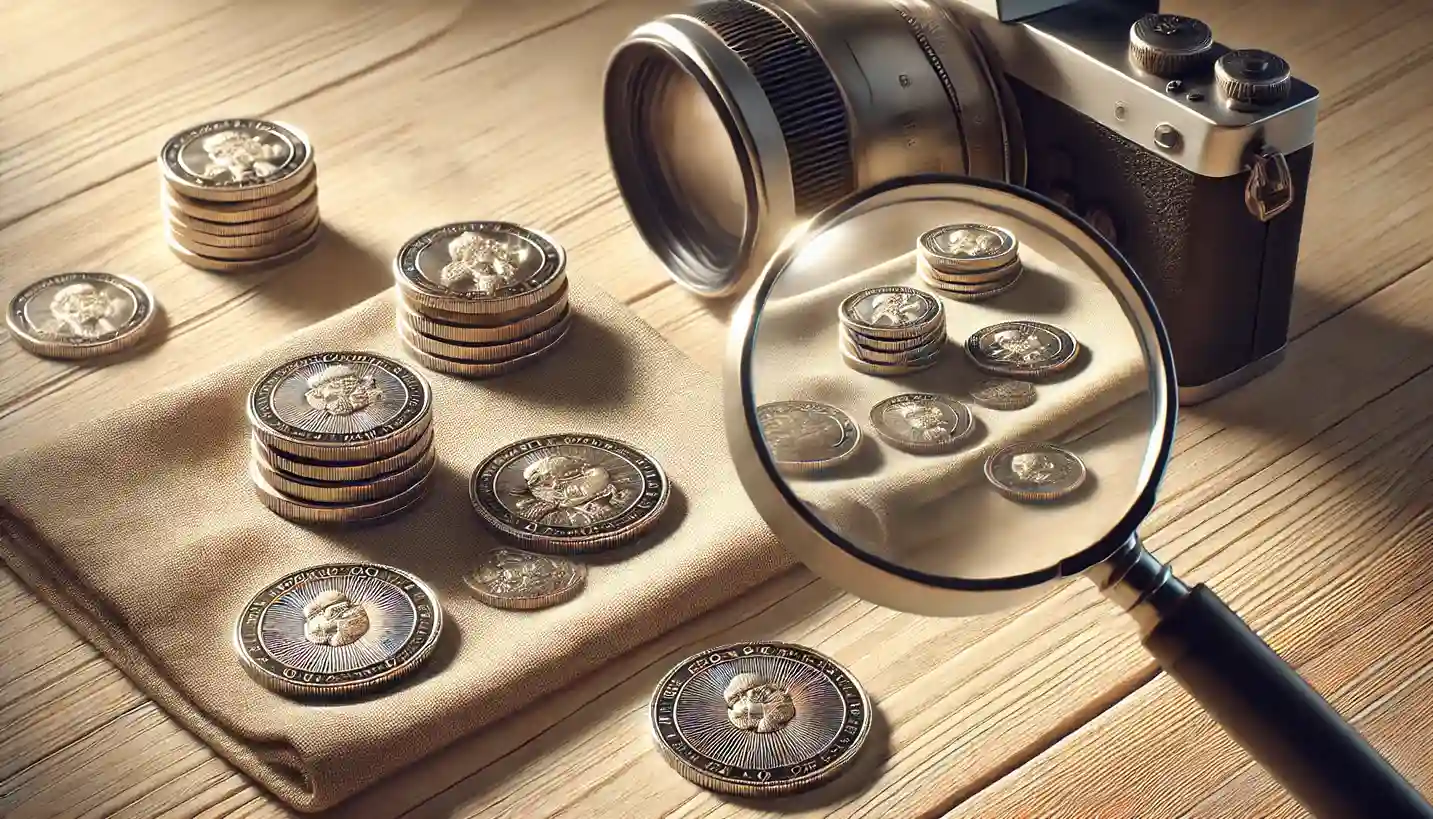 a set of collectible coins being photographed on a light wooden surface.
