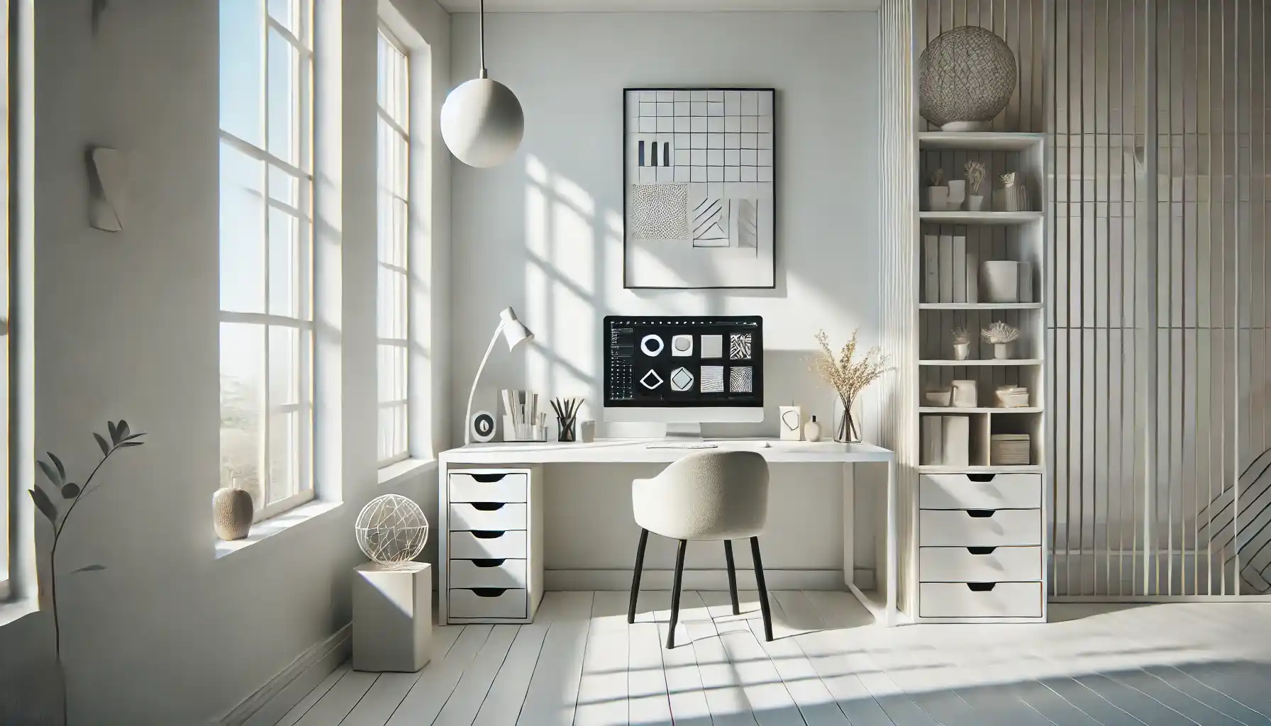 a modern minimalist design studio. The scene includes clean white walls, a sleek desk with a computer displaying minimalist graphic design work, simple geometric decor, and large windows allowing natural light to fill the space. 