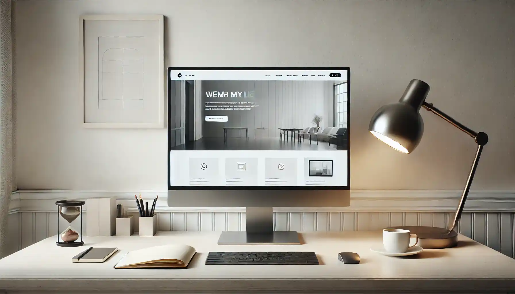 a clean minimalist workspace featuring a large flat-screen monitor displaying a sleek minimalist website design.
