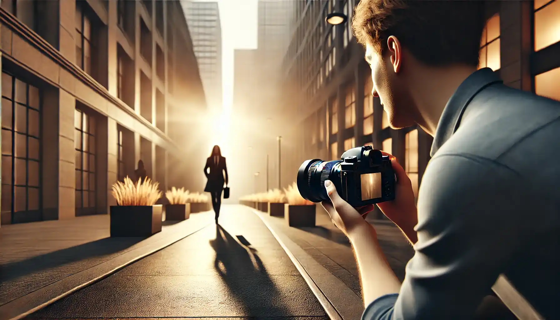 a professional photographer capturing a candid emotional moment in an urban setting.