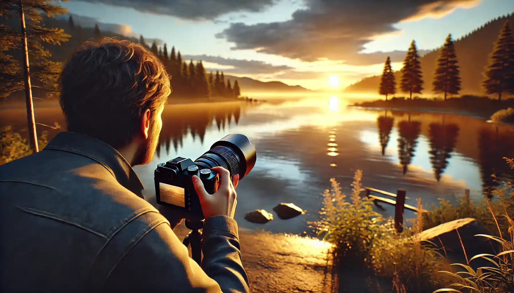 photographer in a scenic outdoor setting, capturing a breathtaking sunset over a lake. 