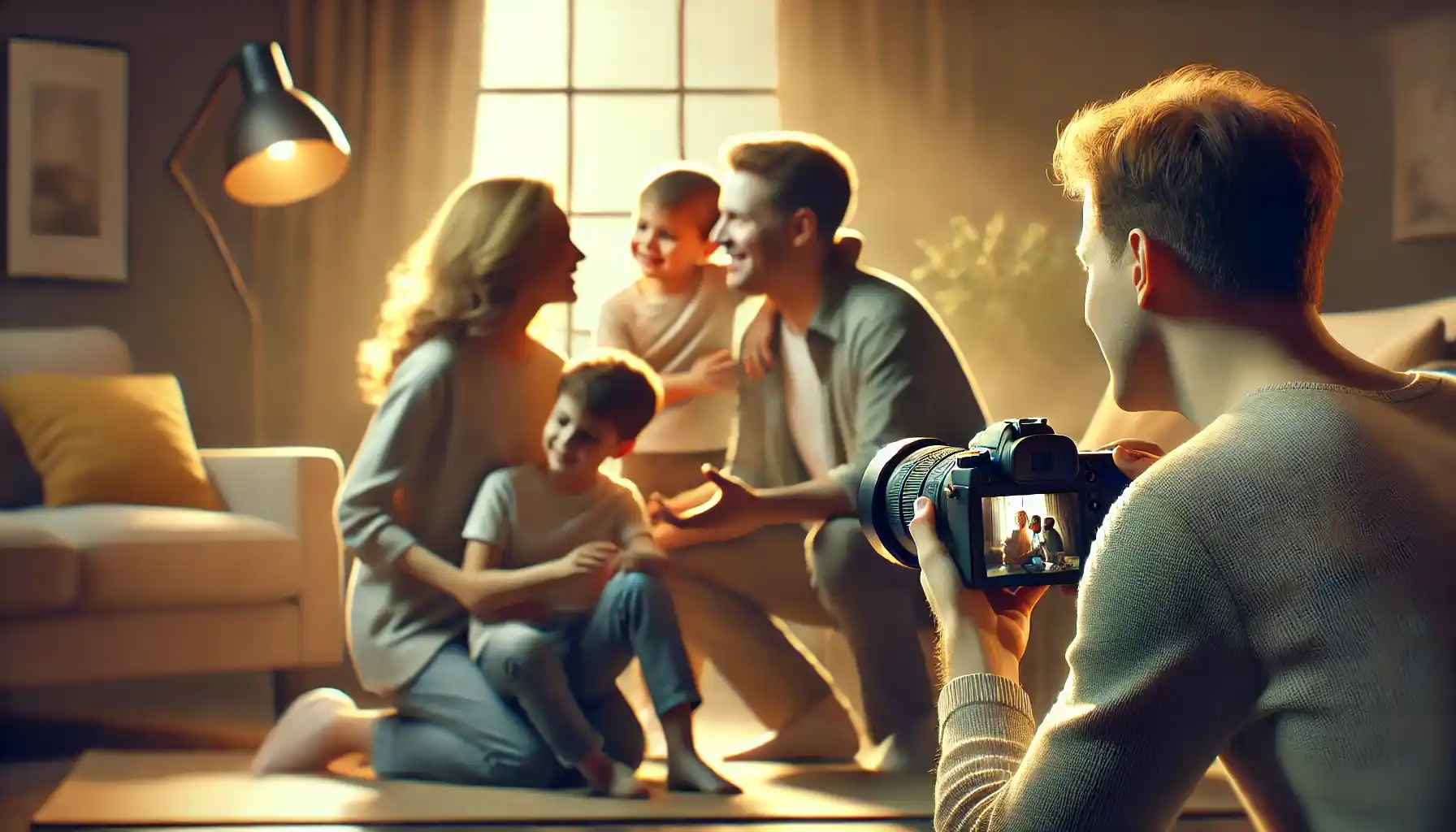 a photographer documenting a candid family interaction, emphasizing the emotional warmth and joy of the moment
