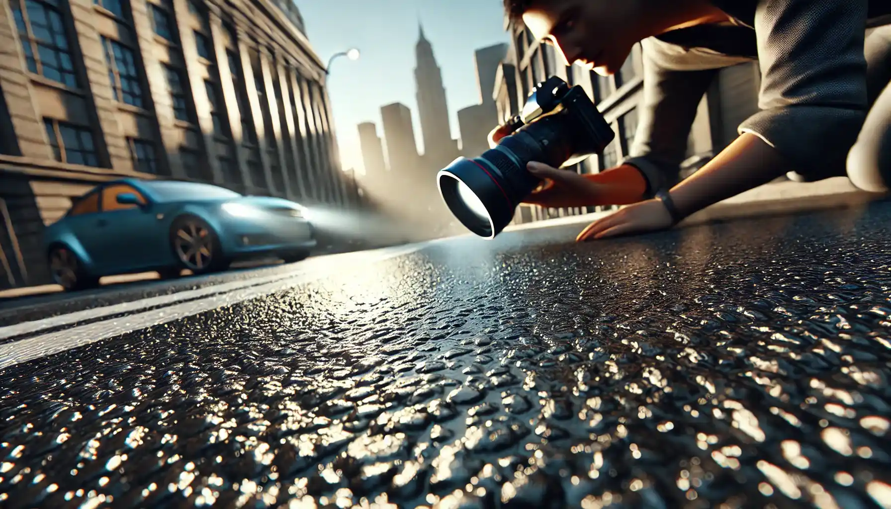 a photographer capturing an urban environment from a low perspective, highlighting the dramatic interplay of light and shadows.