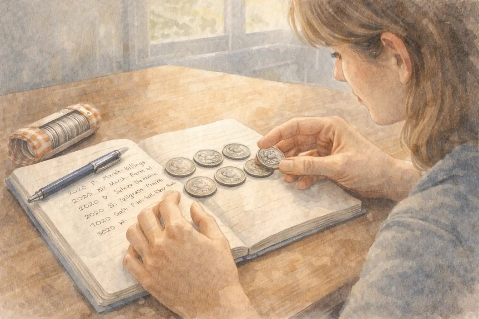 A woman searches for collectibles in the roll of quarters.