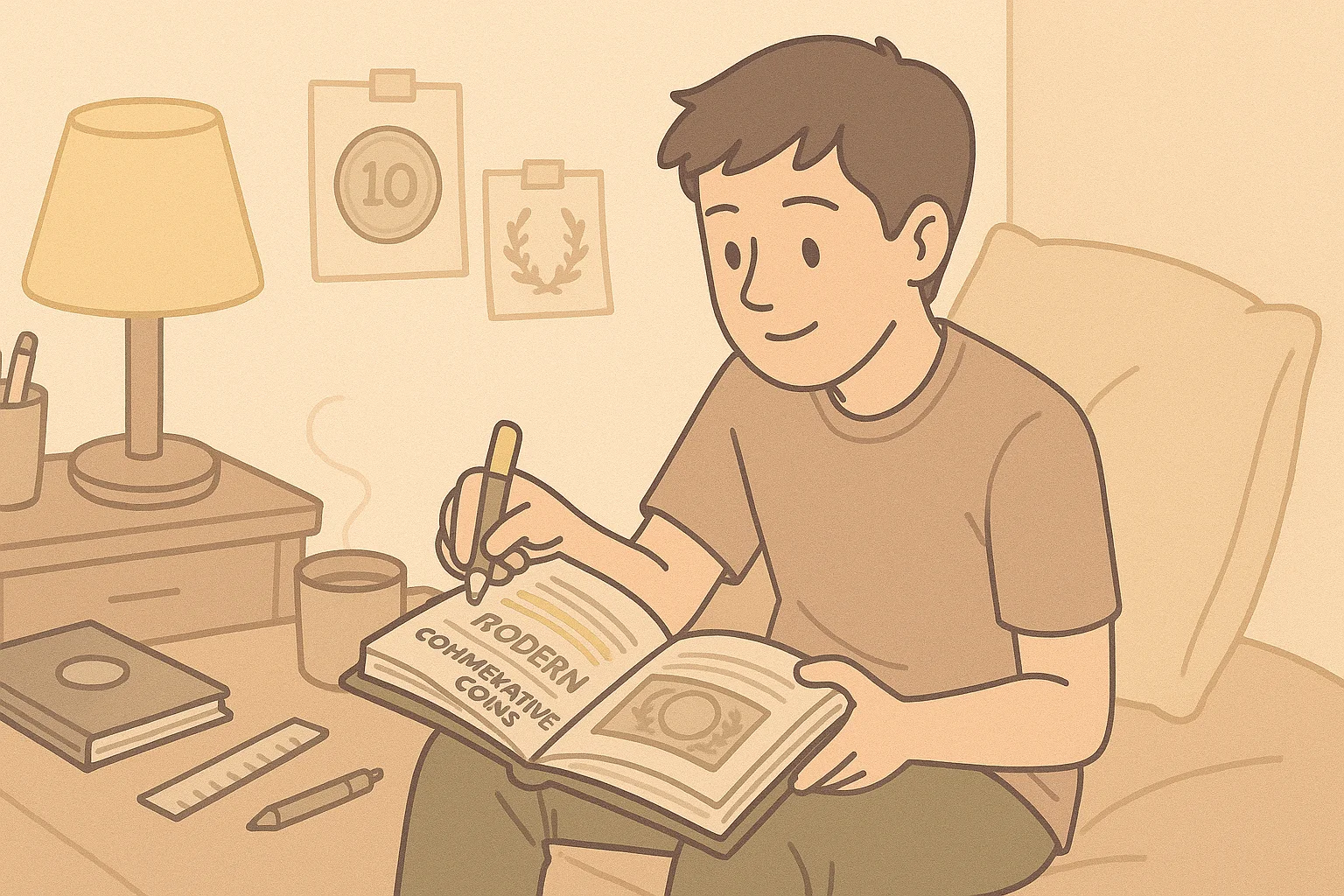 A teenager studies modern commemorative coins via a studybook.